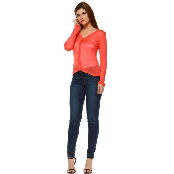 Women's Lightweight Sheer Cardigan Coral - Picture 3 of 4